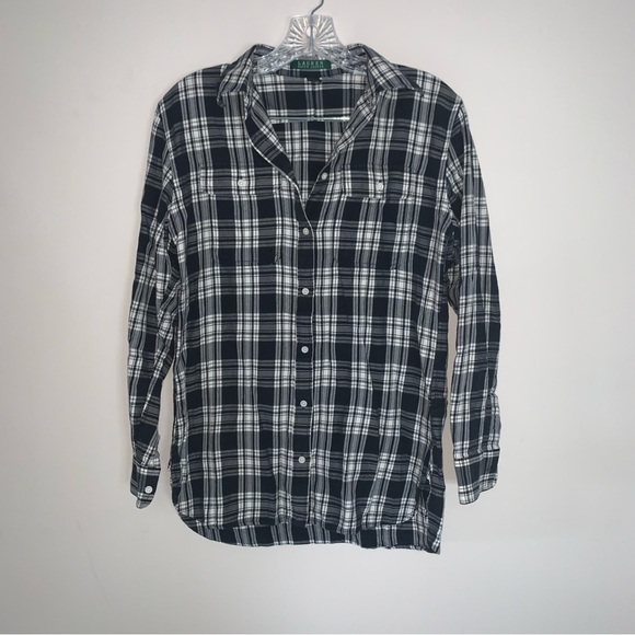 Lauren Ralph Lauren Black White Checker Plaid Button Up Shirt S - Picture 1 of 5